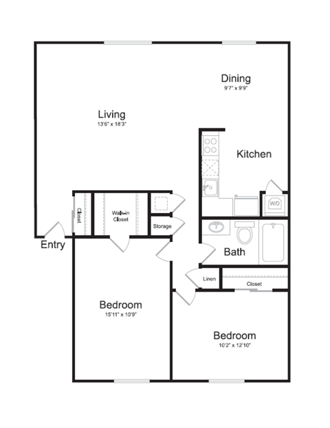 Floor plan for 2 beds, 1 bath, 1068 sqft